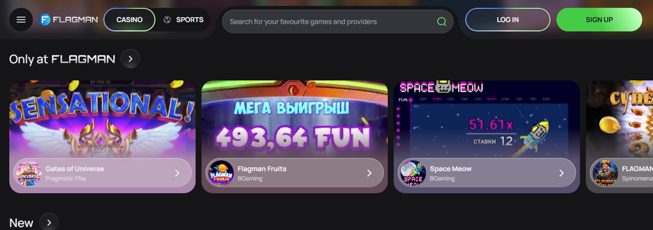Flagman Casino account dashboard showing 100 spins credited with FSBONUS100
