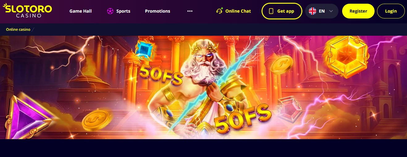 Gates of Olympus loaded at Slotoro with the no deposit spins counter visible