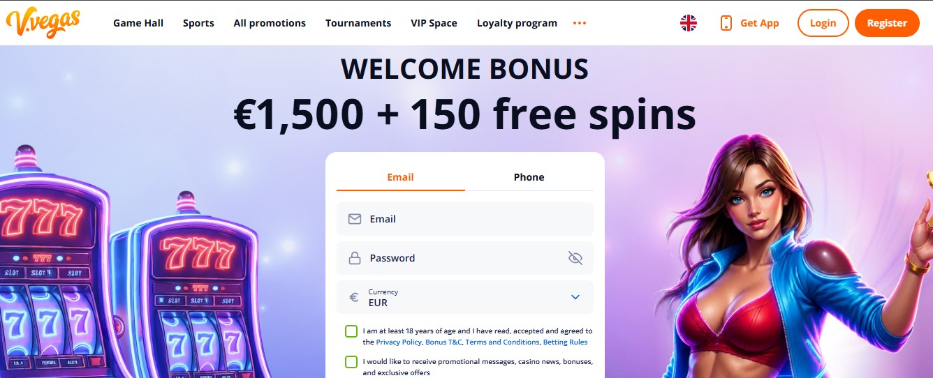 V.Vegas no deposit offer of 50 spins on Book of Dead shown on the casino homepage
